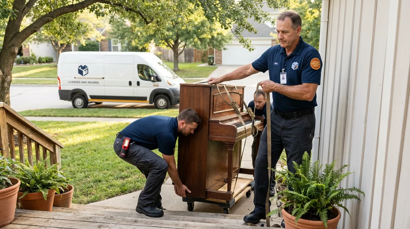 Licensed piano movers securing grand piano in Holbrook, NY